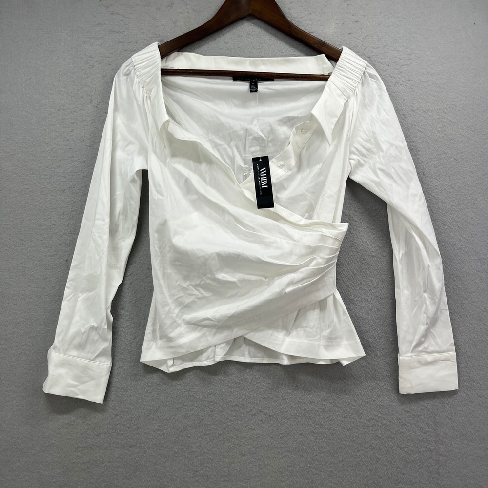 White House Black Market Blouse Womens 0 White Surplice Poplin Wrap Long Sleeve